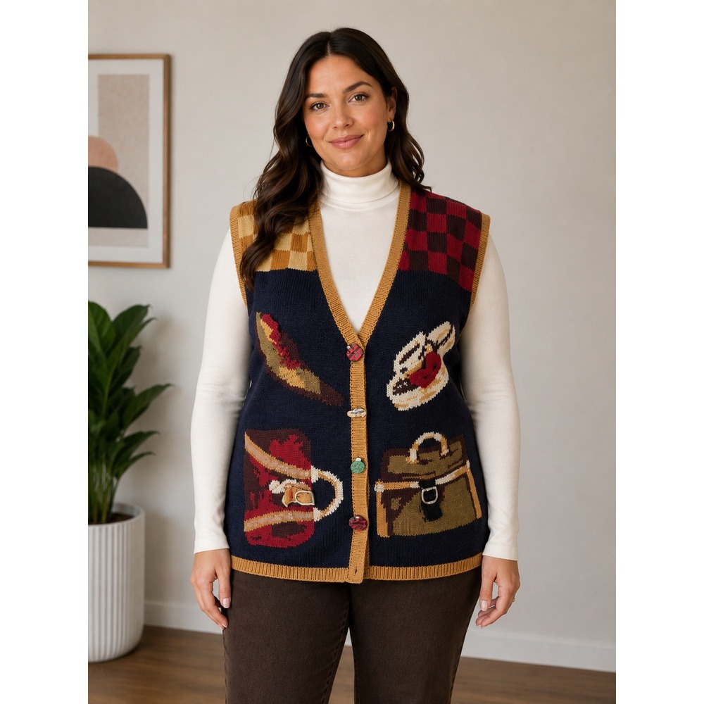 Vintage 90s The Eagle's Eye Novelty Sweater Vest Women XL Grandma‎ Core